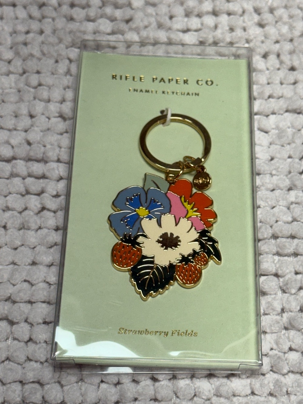 Rifle Paper Co Strawberry Fields Enamel Keychain Floral Strawberry Charm NWT